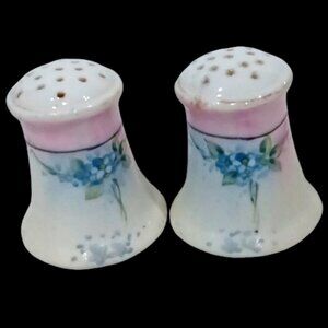 Vtge ELITE Nippon Hand Painted Salt & Pepper Shakers Blue Flowers w/ Pink Trim